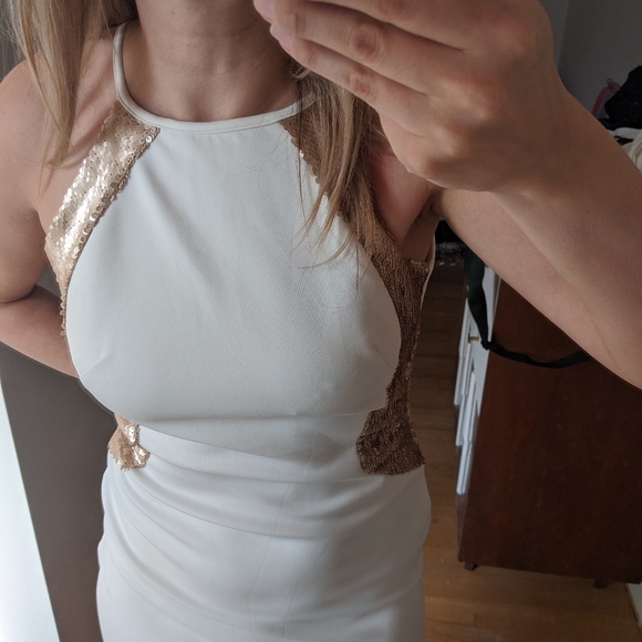 White Midi Dress Gold Sequin Detail - Picture 3 of 8